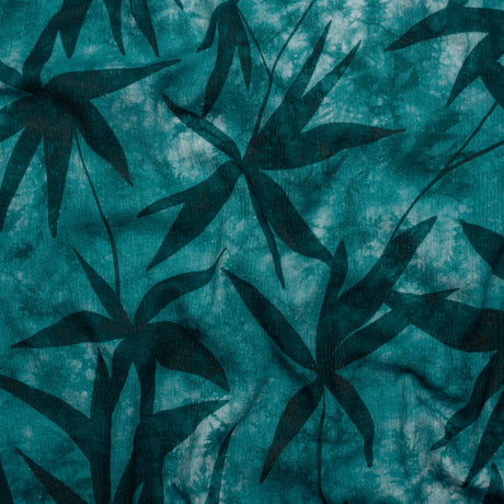 Slubbed Gauzy Cotton Woven - Teal and Turquoise Leaves on Tie Dye - Mood Exclusive Submerged Serenity Print