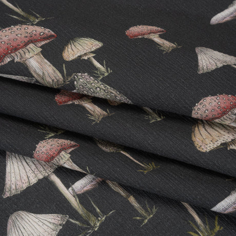 Slubbed Gauzy Cotton Woven - Charcoal, Red and Beige Mushrooms - Mood Exclusive Moonlit Mycelium Print