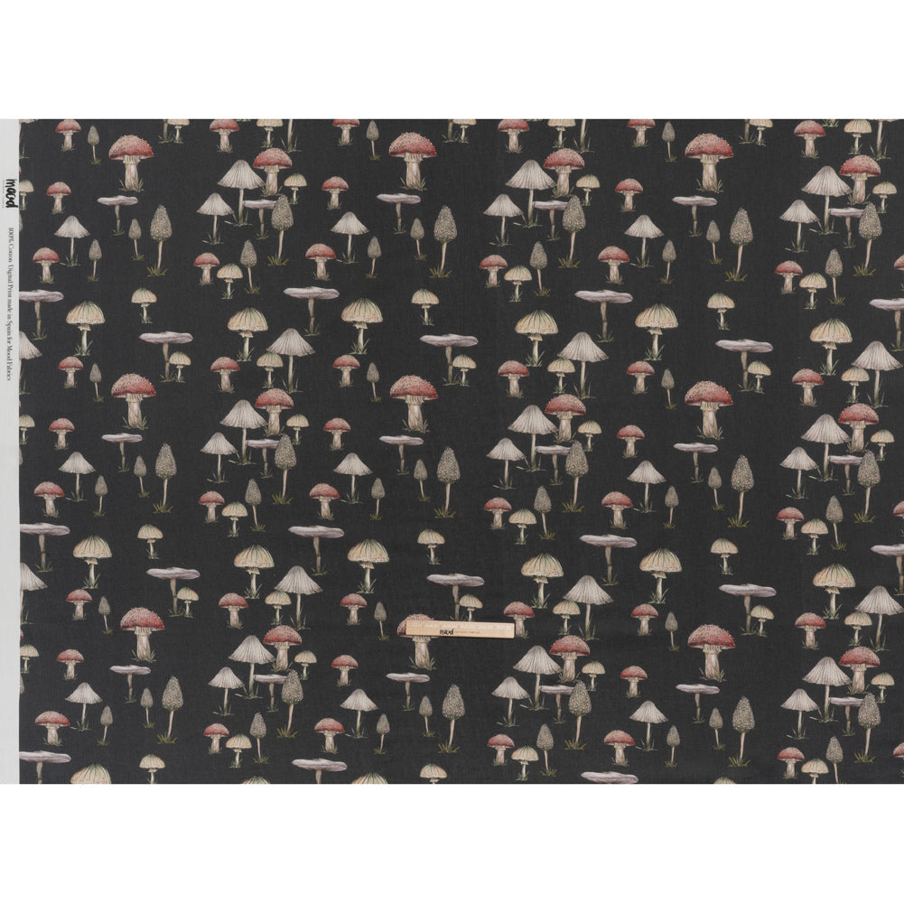 Slubbed Gauzy Cotton Woven - Charcoal, Red and Beige Mushrooms - Mood Exclusive Moonlit Mycelium Print