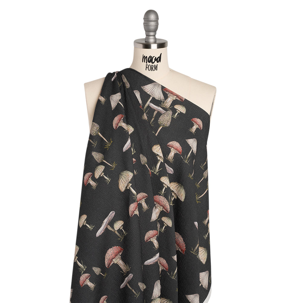 Slubbed Gauzy Cotton Woven - Charcoal, Red and Beige Mushrooms - Mood Exclusive Moonlit Mycelium Print