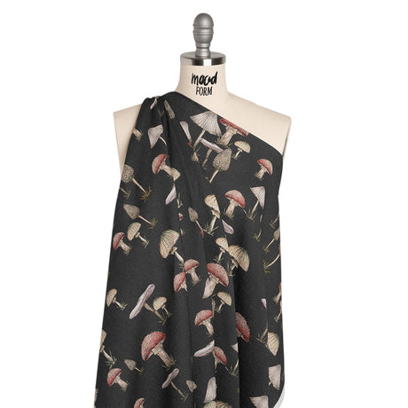 Slubbed Gauzy Cotton Woven - Charcoal, Red and Beige Mushrooms - Mood Exclusive Moonlit Mycelium Print