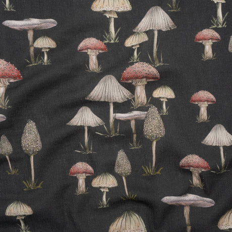Slubbed Gauzy Cotton Woven - Charcoal, Red and Beige Mushrooms - Mood Exclusive Moonlit Mycelium Print