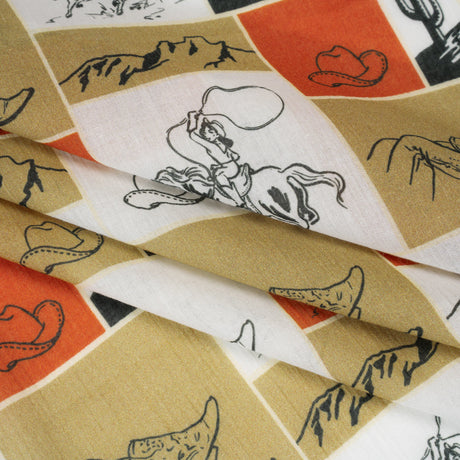 Crinkled Cotton Gauzy Woven - Red Orange, Beige and White Wester Scenes Patchwork - Mood Exclusive Rodeo Reflections Print