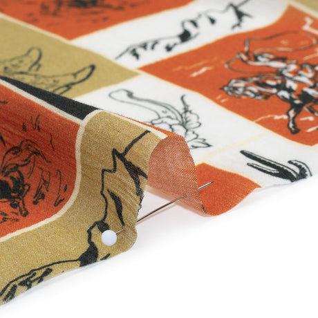 Crinkled Cotton Gauzy Woven - Red Orange, Beige and White Wester Scenes Patchwork - Mood Exclusive Rodeo Reflections Print