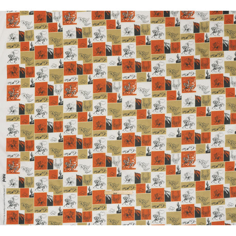 Crinkled Cotton Gauzy Woven - Red Orange, Beige and White Wester Scenes Patchwork - Mood Exclusive Rodeo Reflections Print