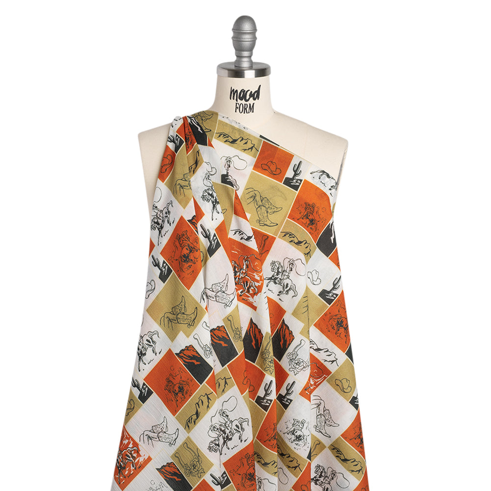 Crinkled Cotton Gauzy Woven - Red Orange, Beige and White Wester Scenes Patchwork - Mood Exclusive Rodeo Reflections Print