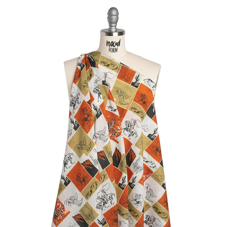 Crinkled Cotton Gauzy Woven - Red Orange, Beige and White Wester Scenes Patchwork - Mood Exclusive Rodeo Reflections Print