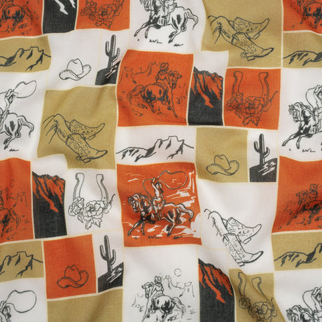 Crinkled Cotton Gauzy Woven - Red Orange, Beige and White Wester Scenes Patchwork - Mood Exclusive Rodeo Reflections Print