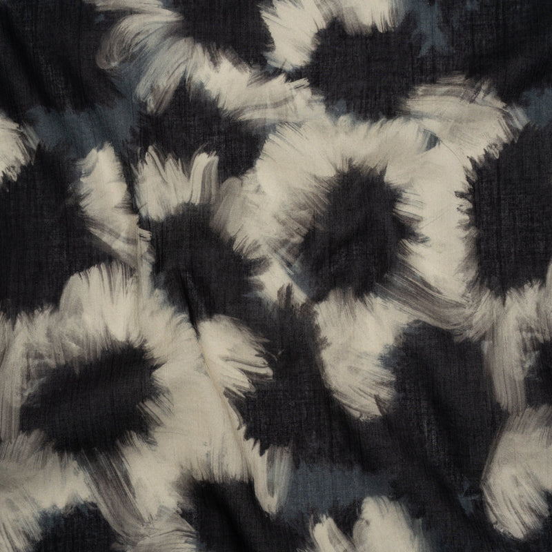 Crinkled Cotton Gauzy Woven - Dark Blue, Black and Cream Painterly Florals - Mood Exclusive Sunflower Strokes Print