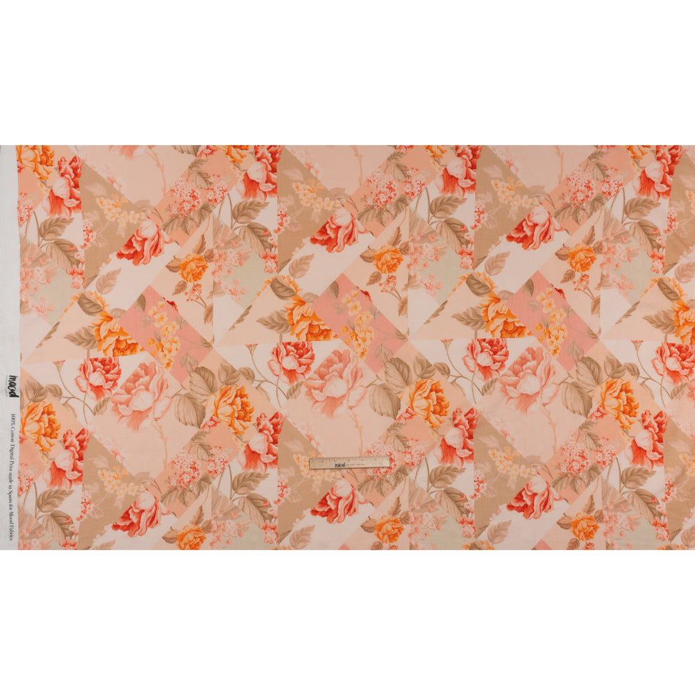Crinkled Cotton Gauzy Woven - Peach, Orange and Sage Fractured Floral Patchwork - Mood Exclusive Cottage Curios Print
