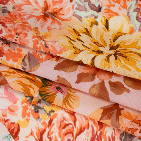 Crinkled Cotton Gauzy Woven - Orange, Peach and Sunny Yellow FLoral Patchwork - Mood Exclusive Sunset Sonata Print