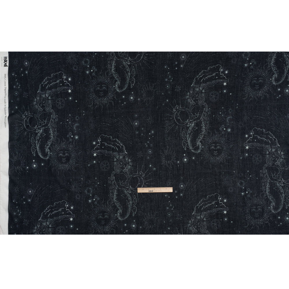 Crinkled Cotton Gauzy Woven - Midnight Blue and White Celestial Motifs - Mood Exclusive Moonlit Tides Print