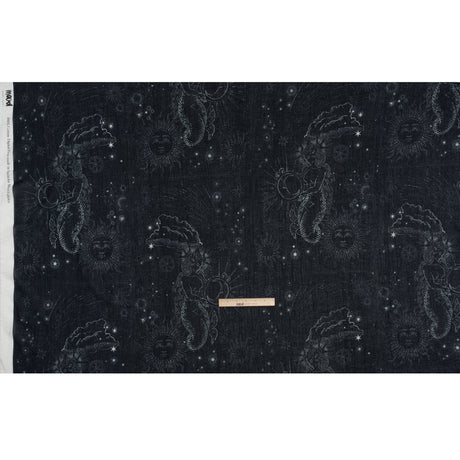 Crinkled Cotton Gauzy Woven - Midnight Blue and White Celestial Motifs - Mood Exclusive Moonlit Tides Print