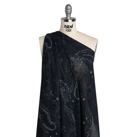 Crinkled Cotton Gauzy Woven - Midnight Blue and White Celestial Motifs - Mood Exclusive Moonlit Tides Print