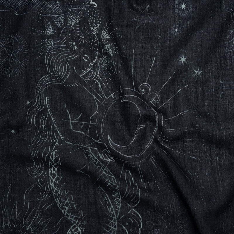 Crinkled Cotton Gauzy Woven - Midnight Blue and White Celestial Motifs - Mood Exclusive Moonlit Tides Print
