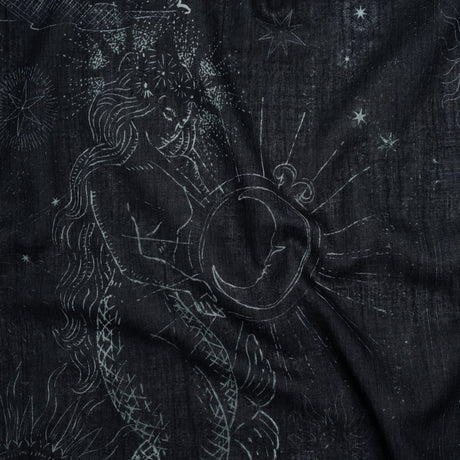 Crinkled Cotton Gauzy Woven - Midnight Blue and White Celestial Motifs - Mood Exclusive Moonlit Tides Print