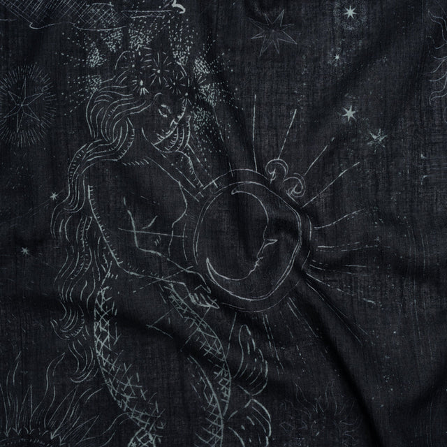 Crinkled Cotton Gauzy Woven - Midnight Blue and White Celestial Motifs - Mood Exclusive Moonlit Tides Print