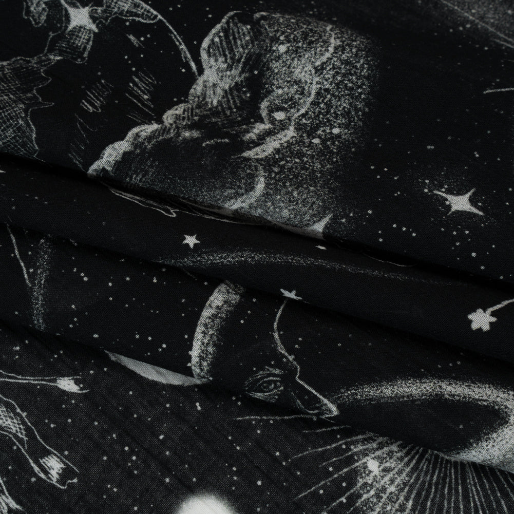 Crinkled Cotton Gauzy Woven - Black and White Sketches in Space - Mood Exclusive Heavenly Horoscope Print