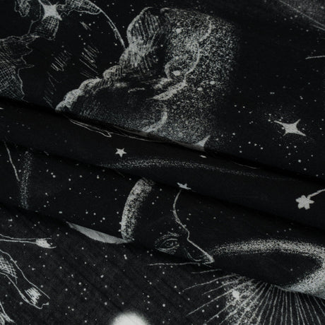 Crinkled Cotton Gauzy Woven - Black and White Sketches in Space - Mood Exclusive Heavenly Horoscope Print