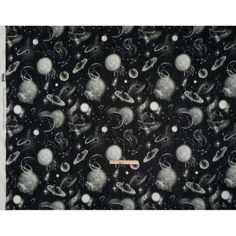 Crinkled Cotton Gauzy Woven - Black and White Sketches in Space - Mood Exclusive Heavenly Horoscope Print