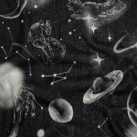 Crinkled Cotton Gauzy Woven - Black and White Sketches in Space - Mood Exclusive Heavenly Horoscope Print
