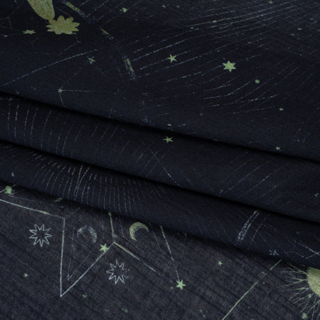 Crinkled Cotton Gauzy Woven - Navy Blue and Lime Green Celestial and Geometrics - Mood Exclusive Cosmic Cartography Print