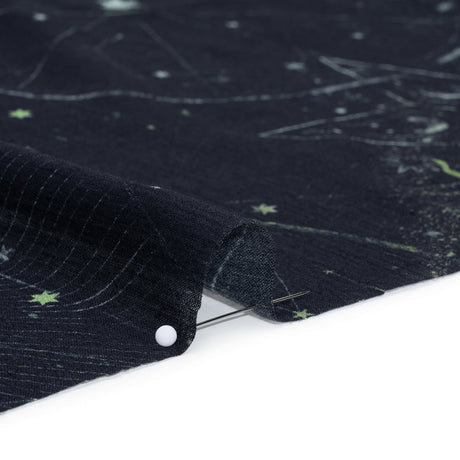Crinkled Cotton Gauzy Woven - Navy Blue and Lime Green Celestial and Geometrics - Mood Exclusive Cosmic Cartography Print