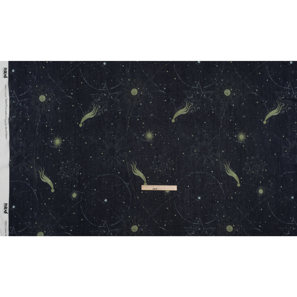 Crinkled Cotton Gauzy Woven - Navy Blue and Lime Green Celestial and Geometrics - Mood Exclusive Cosmic Cartography Print