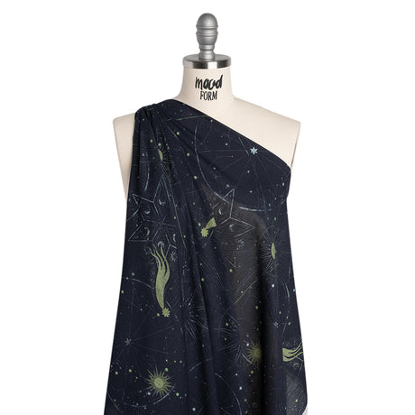 Crinkled Cotton Gauzy Woven - Navy Blue and Lime Green Celestial and Geometrics - Mood Exclusive Cosmic Cartography Print