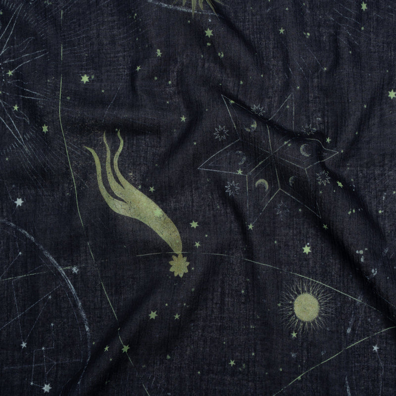 Crinkled Cotton Gauzy Woven - Navy Blue and Lime Green Celestial and Geometrics - Mood Exclusive Cosmic Cartography Print