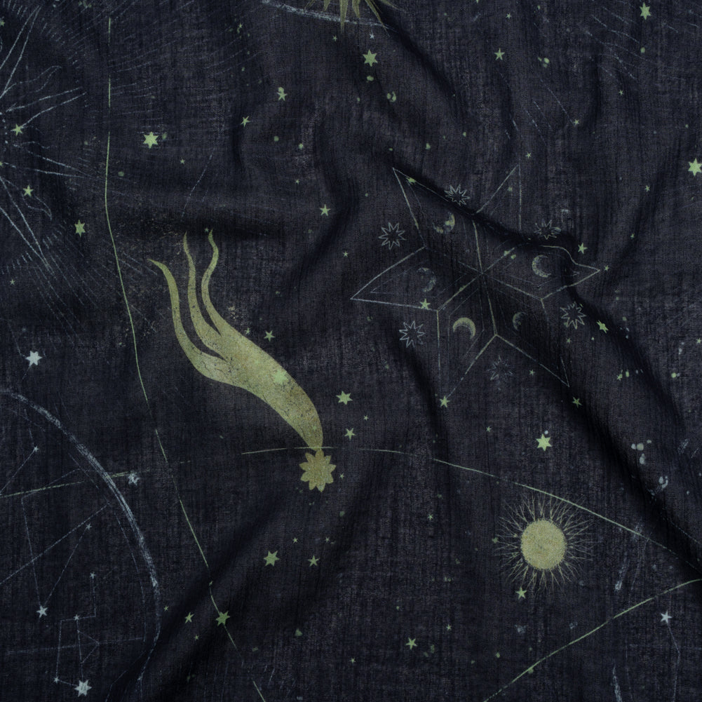 Crinkled Cotton Gauzy Woven - Navy Blue and Lime Green Celestial and Geometrics - Mood Exclusive Cosmic Cartography Print