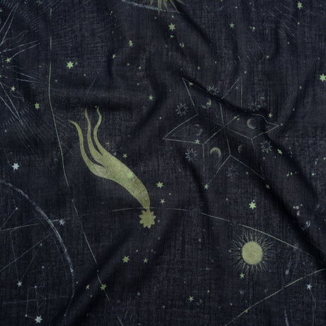 Crinkled Cotton Gauzy Woven - Navy Blue and Lime Green Celestial and Geometrics - Mood Exclusive Cosmic Cartography Print