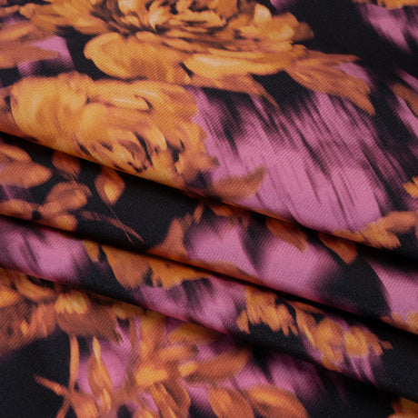 Polyester Mikado - Orange, Pink and Black Ikat Roses - Mood Exclusive Echoed Illusions Print