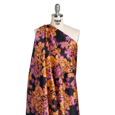 Polyester Mikado - Orange, Pink and Black Ikat Roses - Mood Exclusive Echoed Illusions Print