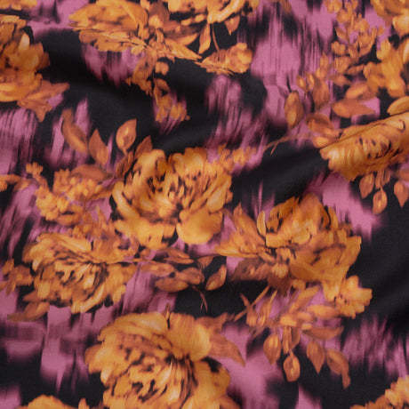 Polyester Mikado - Orange, Pink and Black Ikat Roses - Mood Exclusive Echoed Illusions Print