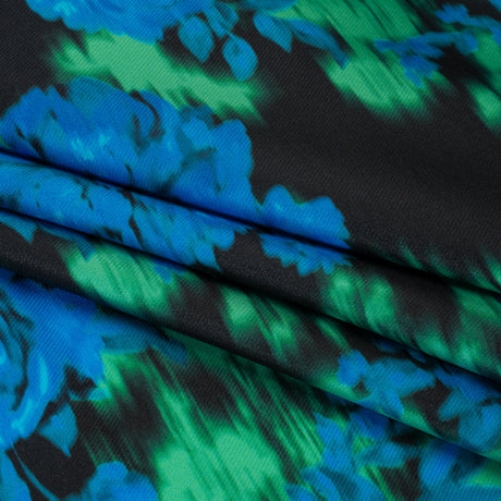 Polyester Mikado - Blue, Green and Black Ikat Roses - Mood Exclusive Echoed Illusions Print