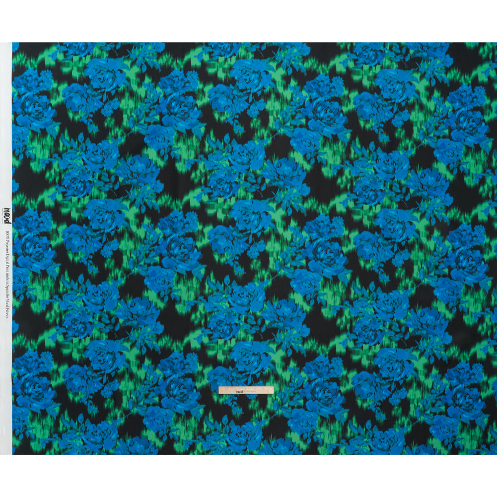 Polyester Mikado - Blue, Green and Black Ikat Roses - Mood Exclusive Echoed Illusions Print