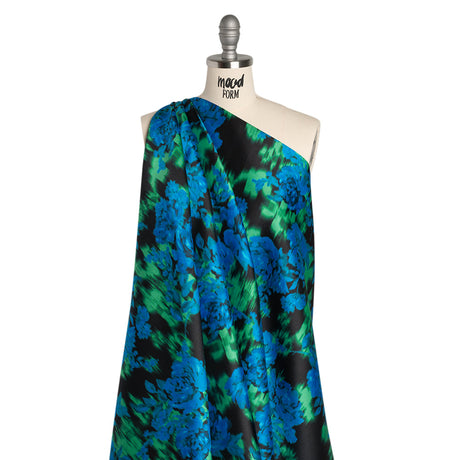 Polyester Mikado - Blue, Green and Black Ikat Roses - Mood Exclusive Echoed Illusions Print