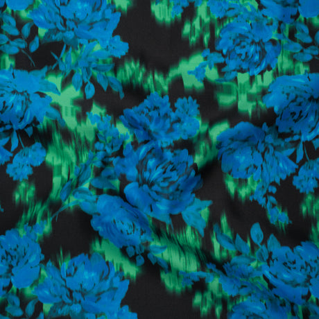 Polyester Mikado - Blue, Green and Black Ikat Roses - Mood Exclusive Echoed Illusions Print