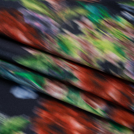 Polyester Mikado - Red, Green and Navy Floral Diagonal Striations - Mood Exclusive Flickering Field Print