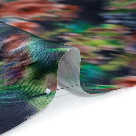 Polyester Mikado - Red, Green and Navy Floral Diagonal Striations - Mood Exclusive Flickering Field Print