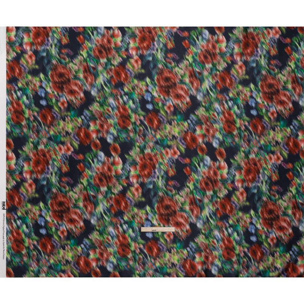 Polyester Mikado - Red, Green and Navy Floral Diagonal Striations - Mood Exclusive Flickering Field Print