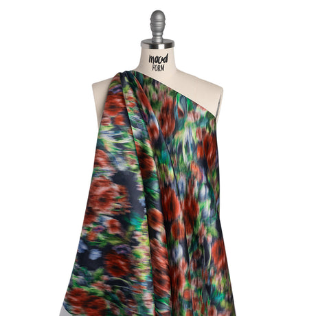Polyester Mikado - Red, Green and Navy Floral Diagonal Striations - Mood Exclusive Flickering Field Print