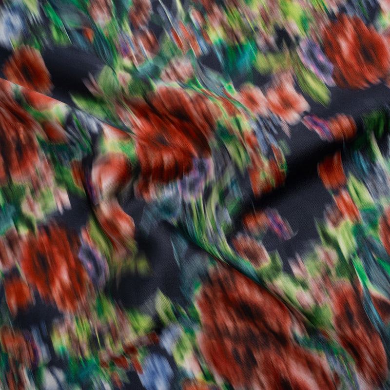 Polyester Mikado - Red, Green and Navy Floral Diagonal Striations - Mood Exclusive Flickering Field Print