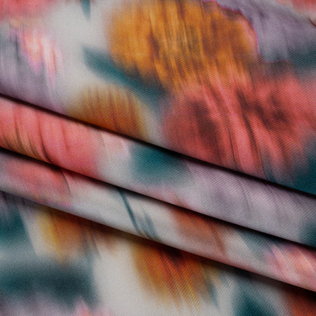 Polyester Mikado - Red Orange, Lilac and Dark Teal Ikat Flowers - Mood Exclusive Echoes of Eden Print