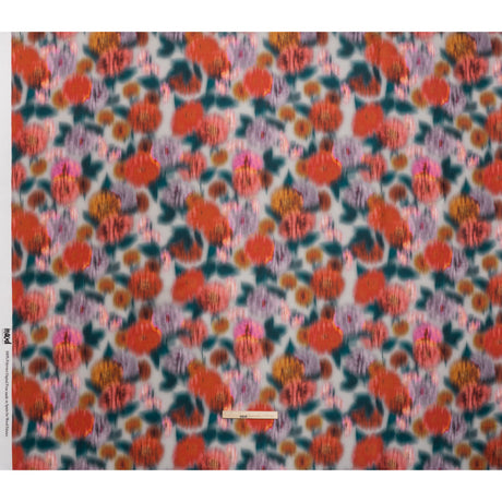 Polyester Mikado - Red Orange, Lilac and Dark Teal Ikat Flowers - Mood Exclusive Echoes of Eden Print