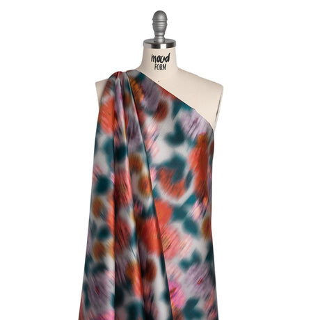 Polyester Mikado - Red Orange, Lilac and Dark Teal Ikat Flowers - Mood Exclusive Echoes of Eden Print