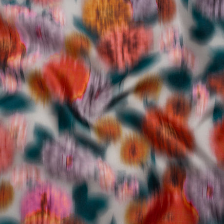 Polyester Mikado - Red Orange, Lilac and Dark Teal Ikat Flowers - Mood Exclusive Echoes of Eden Print