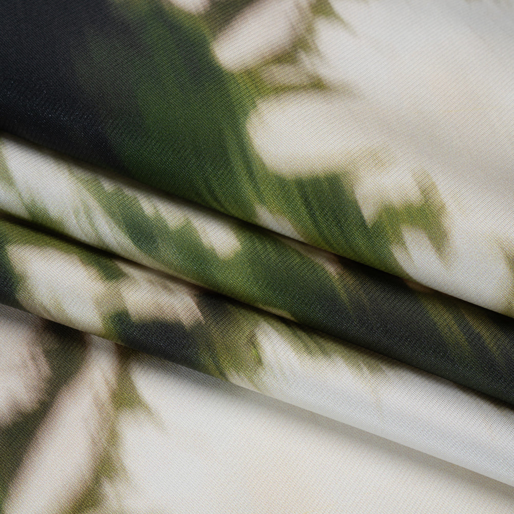 Polyester Mikado - Green and White Ikat Floral Silhouettes - Mood Exclusive Glowscape Garden Print