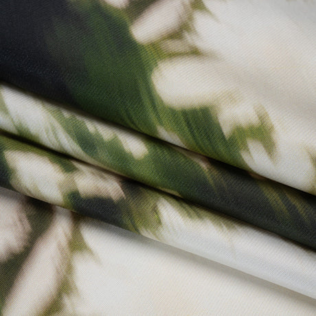 Polyester Mikado - Green and White Ikat Floral Silhouettes - Mood Exclusive Glowscape Garden Print